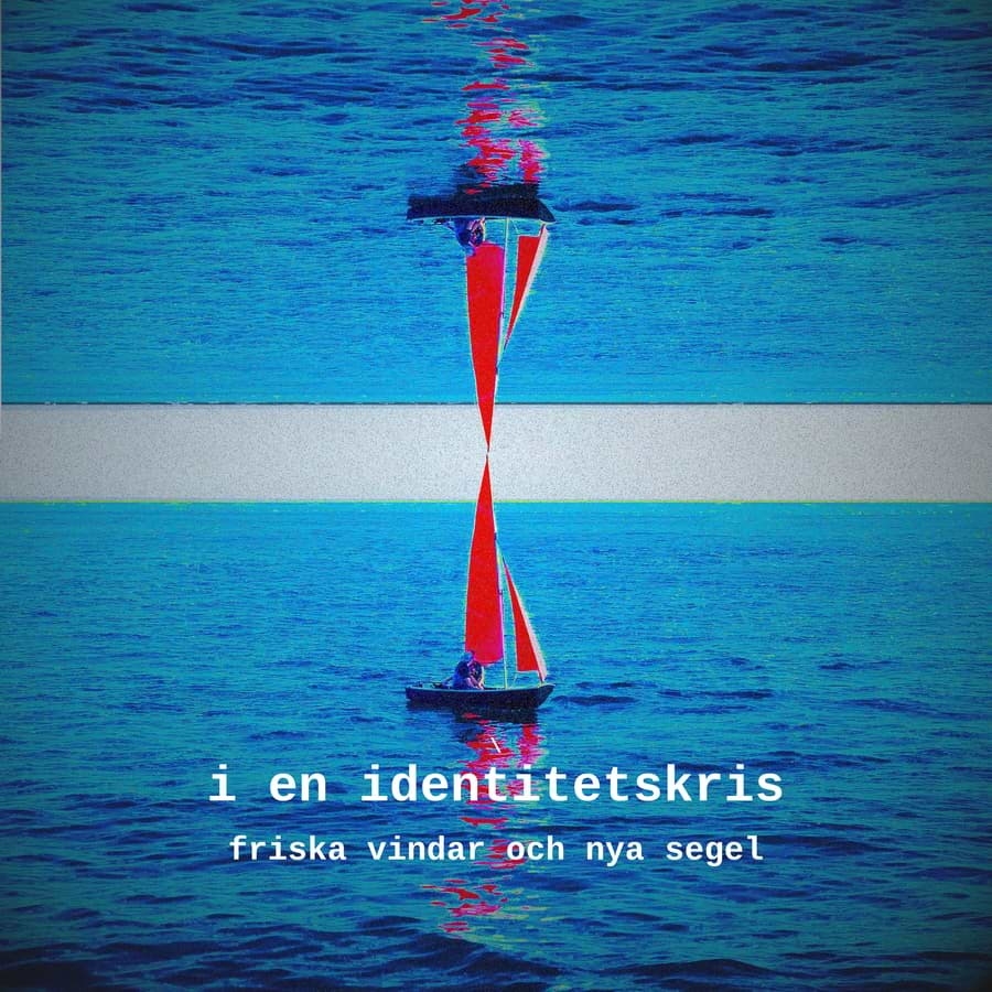 The album art for i en identitetskris - friska vindar och nya segel. All those words were Swedish. Two boats, one in a normal ocean and one in an ocean in the sky, meet each other in the middle. It's very saturated in color.